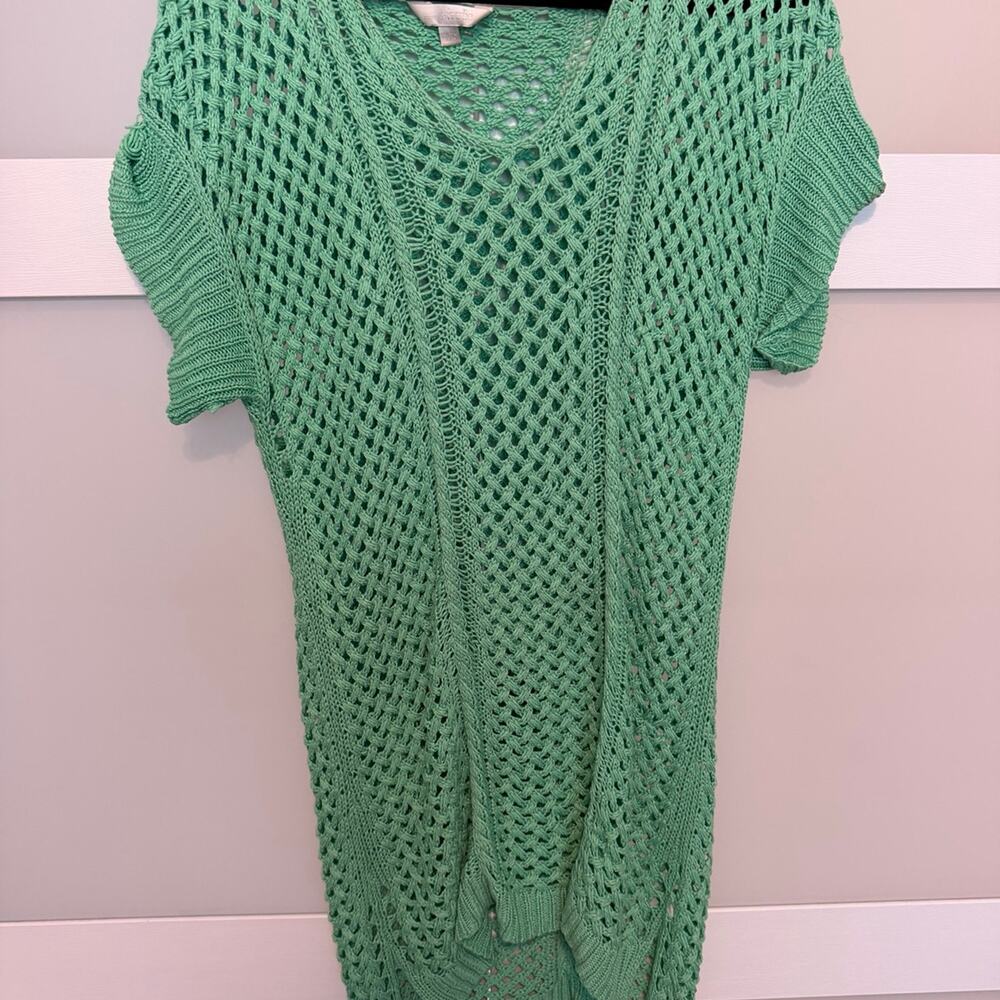 Charlie Jade Womens L Green Open Knit Crochet Long Cardigan Short Sleeve Boho